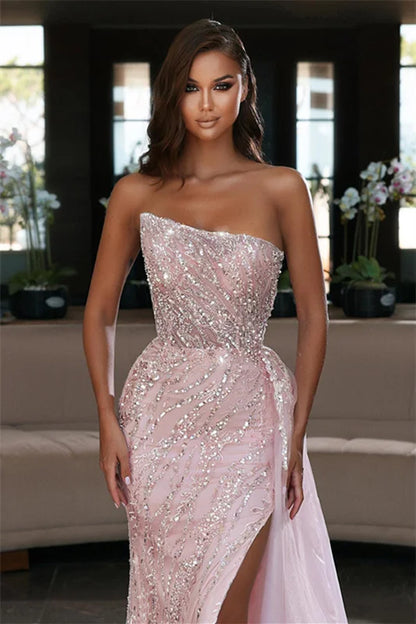 Modern Pink Strapless Mermaid Slit Evening Dress With Ruffles Beadings ED0417