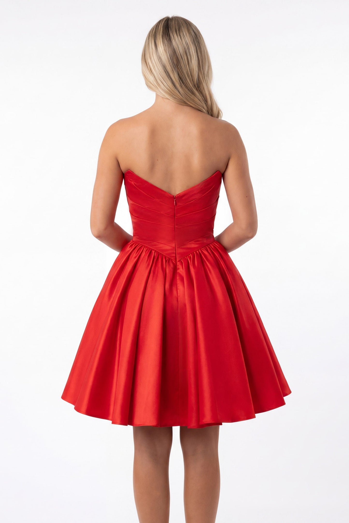 Strapless Sweetheart Beaded Ruched Satin A-Line Mini Dress
