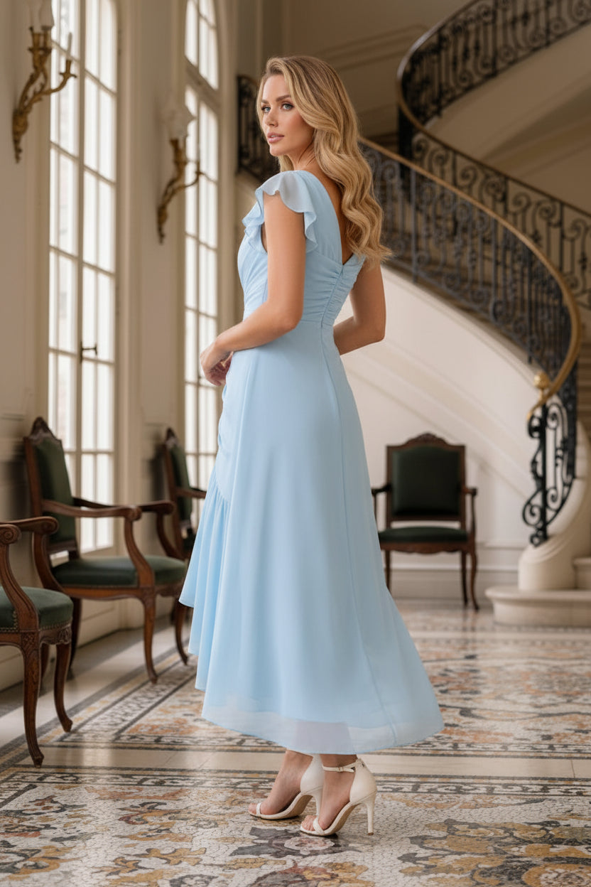 Flutter Sleeve High-Low Dress with Ruched Bodice