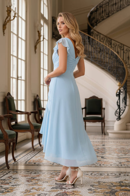 Flutter Sleeve High-Low Dress with Ruched Bodice