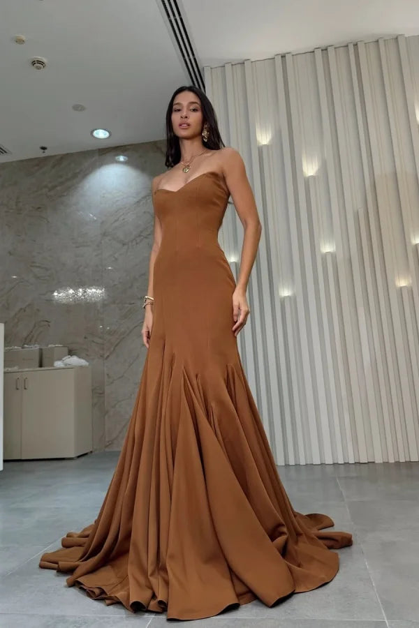 Brown Strapless Mermaid Elegant Chic Prom Dress
