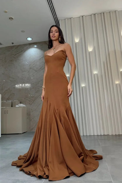 Brown Strapless Mermaid Elegant Chic Prom Dress