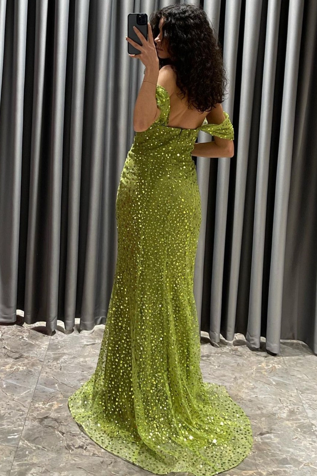 Beautiful Green Evening Dress Off-The-Shoulder Sequins With Split