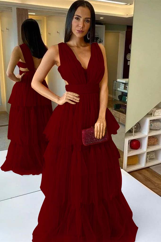Sleeveless Long Pleated A-Line Prom Dress With Ruffles