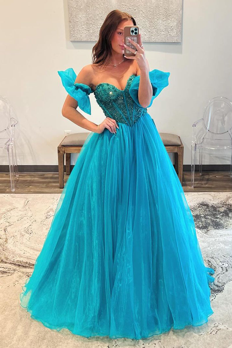 Strapless Blue Beaded Long Prom Dress with Sleeves
