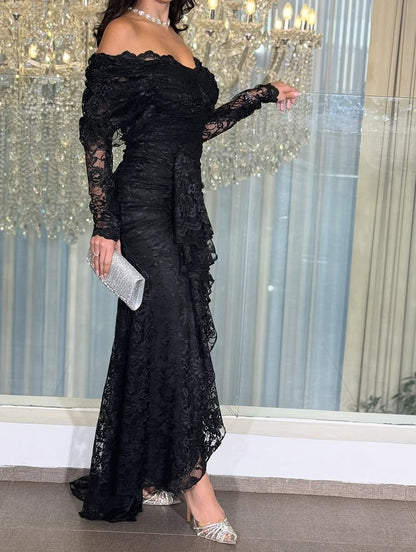 Black Lace Off the Shoulder Long Sleeve Mermaid Ruched Evening Dress