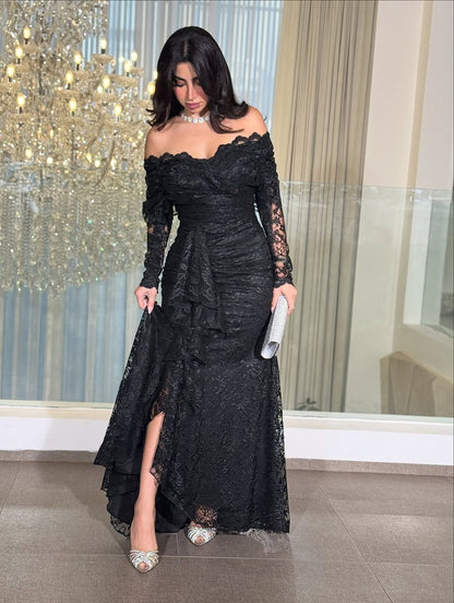 Black Lace Off the Shoulder Long Sleeve Mermaid Ruched Evening Dress