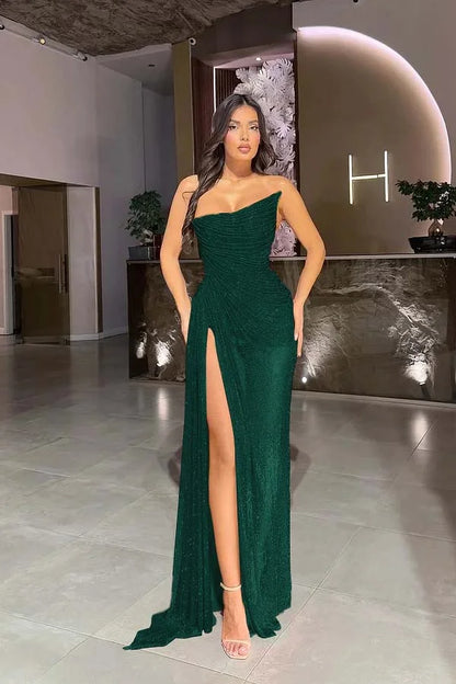 Red Strapless Gorgeous Split Sequins Prom Dress