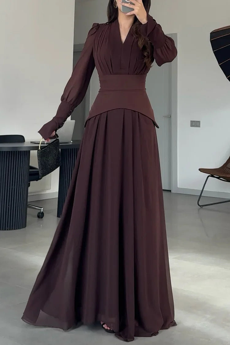 Pleated V Neck Puff Shoulder Long Sleeve Party Maxi Dresses