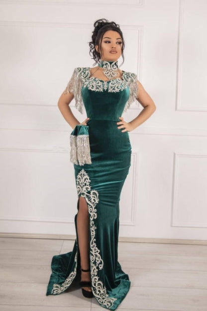 Dark Green Velvet Evening Dress High Neck Side Split Prom Dress