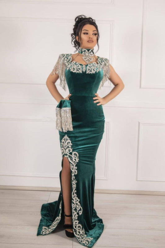 Dark Green Velvet Evening Dress High Neck Side Split Prom Dress