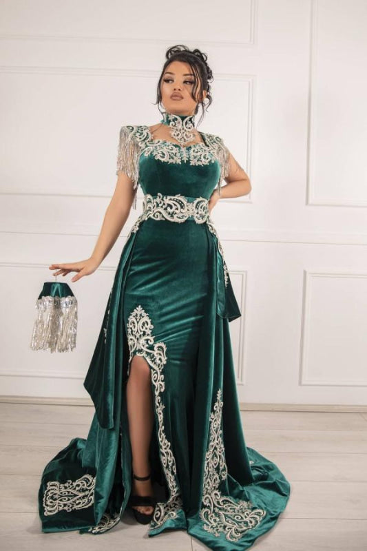 Dark Green Velvet Evening Dress High Neck Side Split Prom Dress