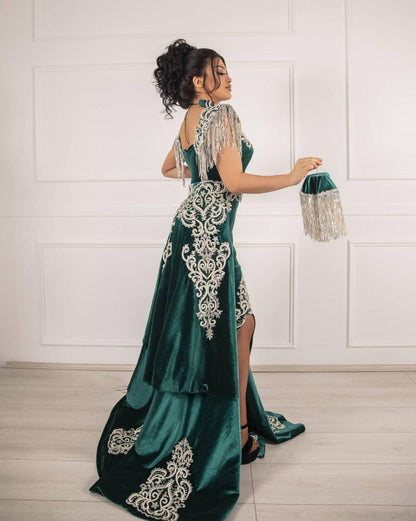 Dark Green Velvet Evening Dress High Neck Side Split Prom Dress