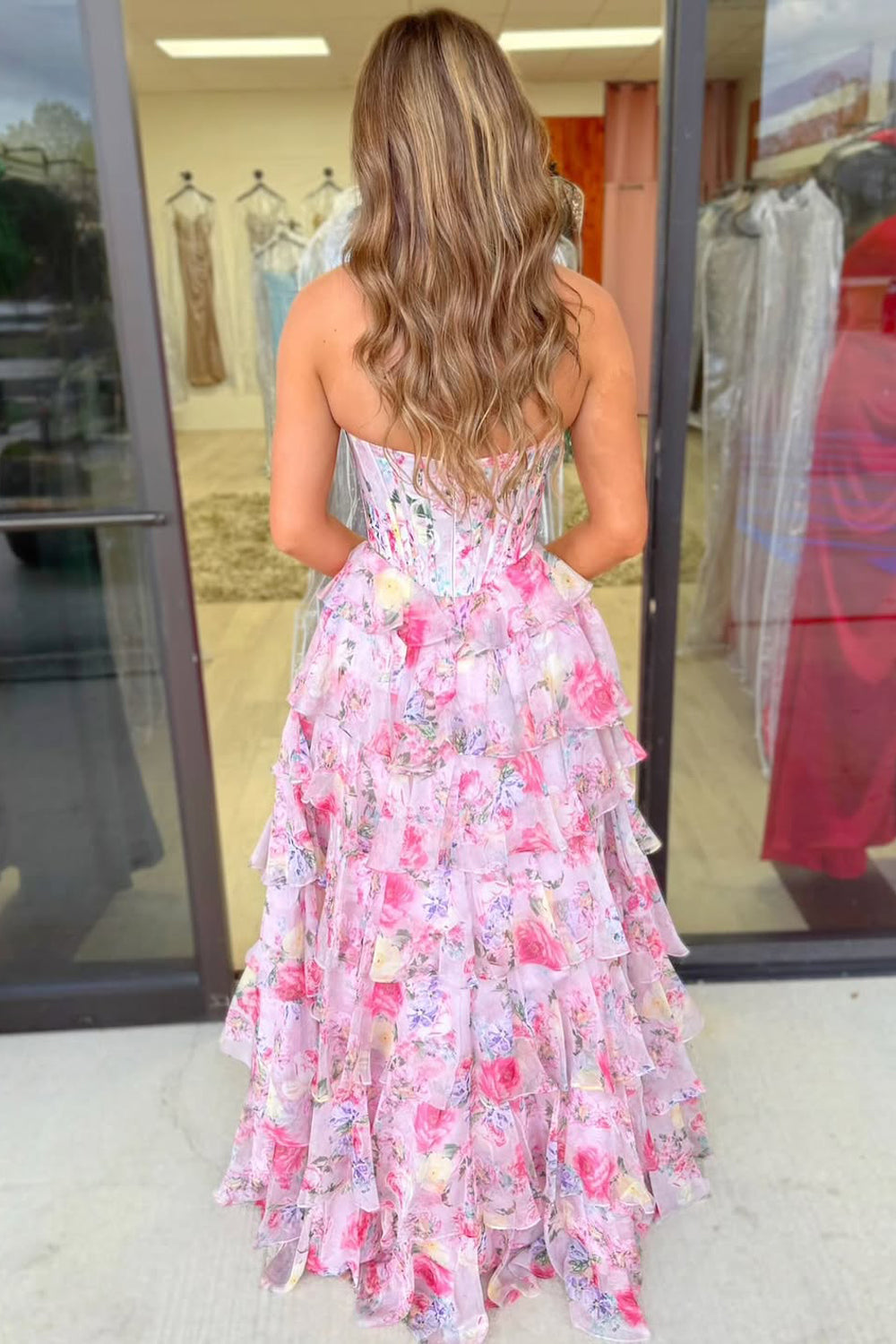 Pink A Line Sweetheart Floral Chiffon Tiered Long Prom Dress