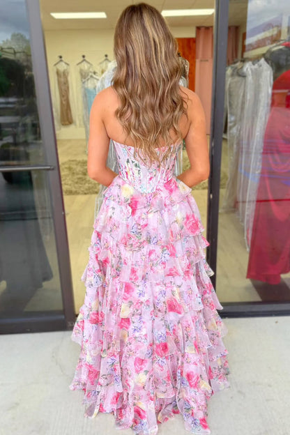 Pink A Line Sweetheart Floral Chiffon Tiered Long Prom Dress