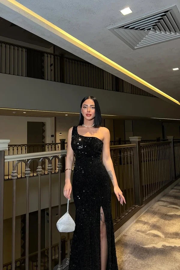 Black One-Shoulder Sequins Split Long Prom Dress
