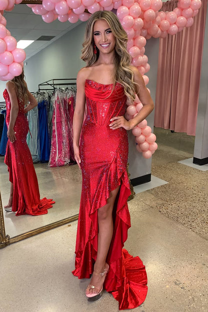 Gorgeous Mermaid Scoop Neck Red Satin Prom Dress with Rhinestones