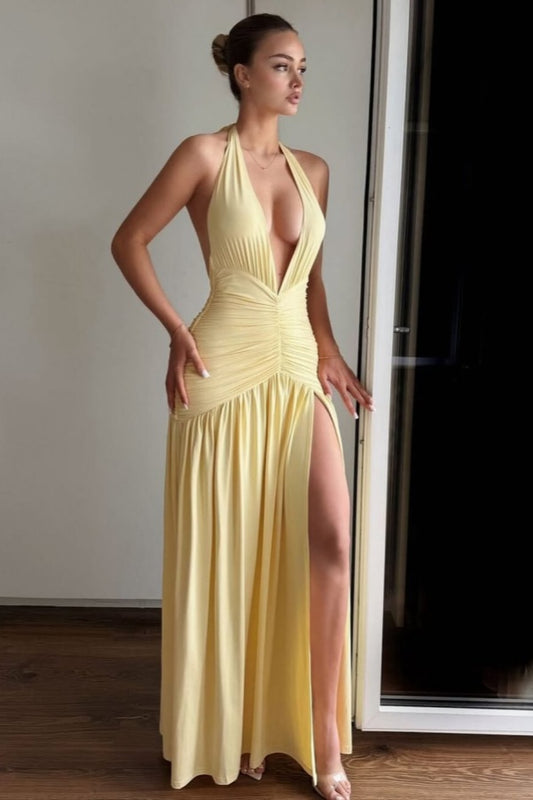 Appealing Yellow Halter Prom Dress V Neck Slimming with Split