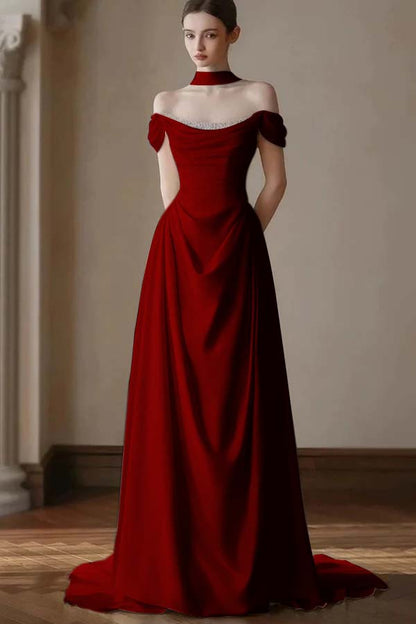 Elegant Off-the-Shoulder Prom Dress Pleated A-Line with Beaded