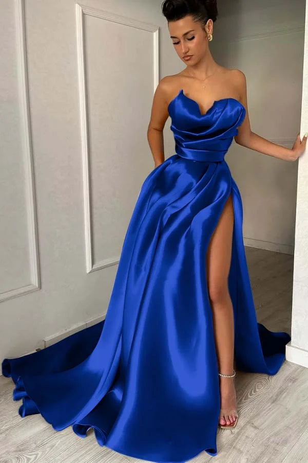 Chic Strapless Split Pleated Prom Dress