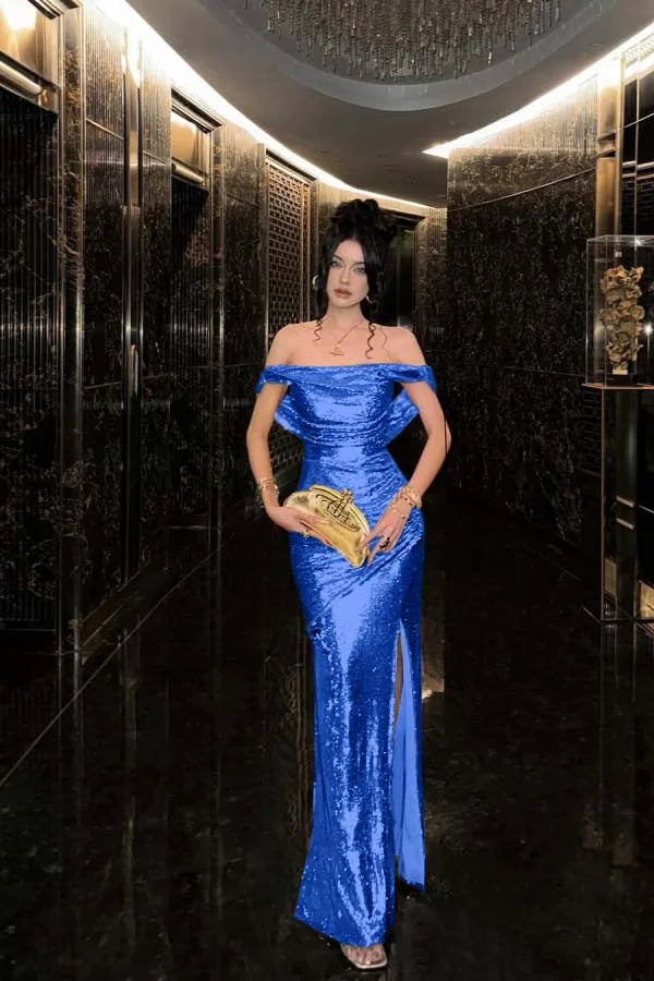 Champagne Solid Sequins Split Prom Dress