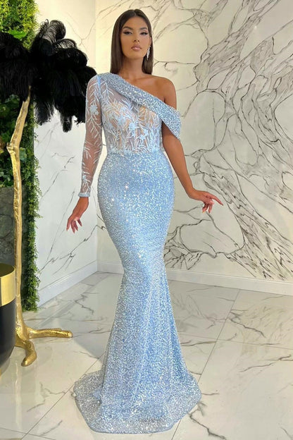One Shoulder Long Sleeve Mermaid Evening Dress With Sequins