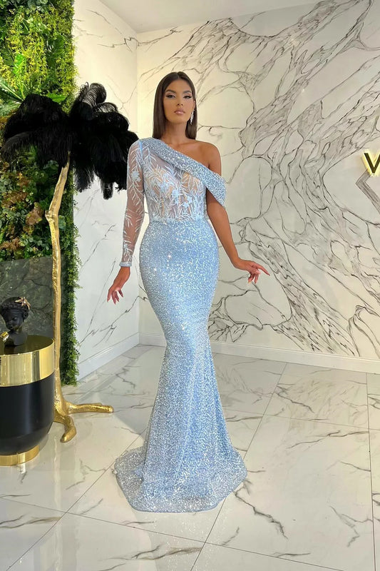 Elegant One Shoulder Long Sleeve Mermaid Evening Dress With Sequins On Sale ED0434