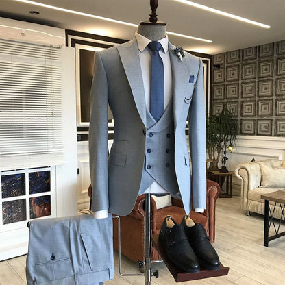 Simple Double Breasted Formal Bepoke Suit For Man Gentle Blue With 3 Pieces