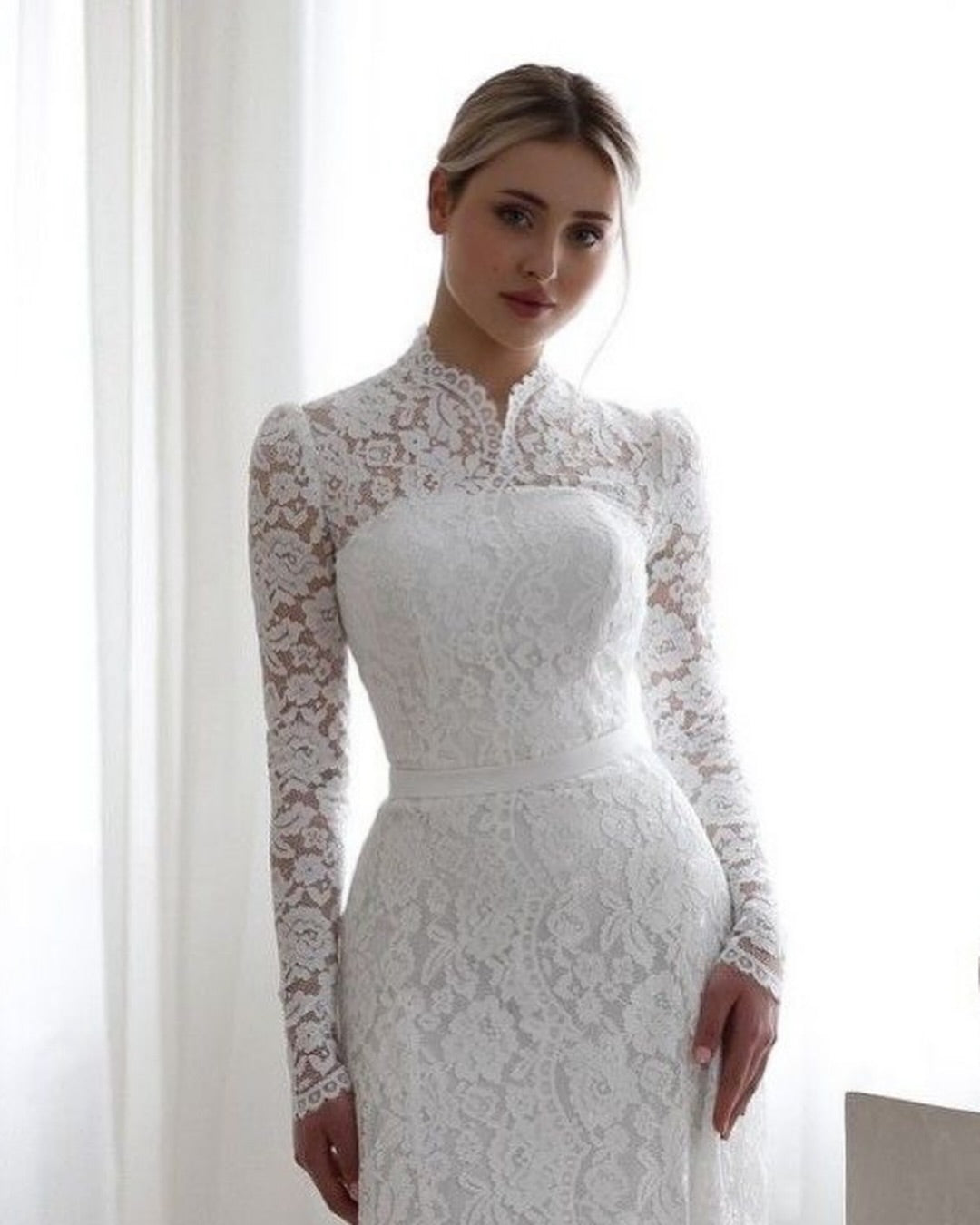 Long Sleeves White High Neck Lace Mermaid Wedding Dress