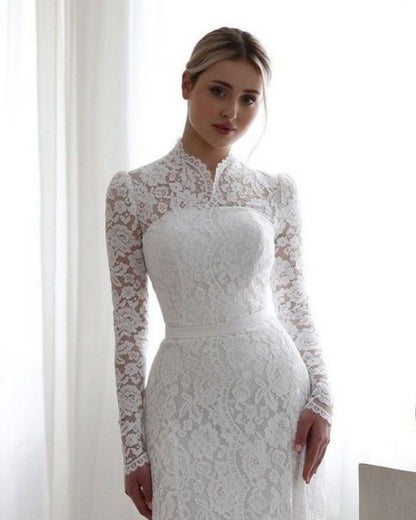 Long Sleeves White High Neck Lace Mermaid Wedding Dress