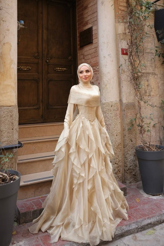 Chiffon Long Sleeves Long Pleated A-Line Prom Dress