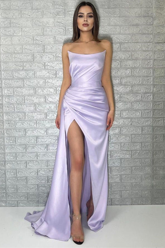 Chic Purple Sleeveless Strapless Mermaid Pleated Long Prom Dress With Split