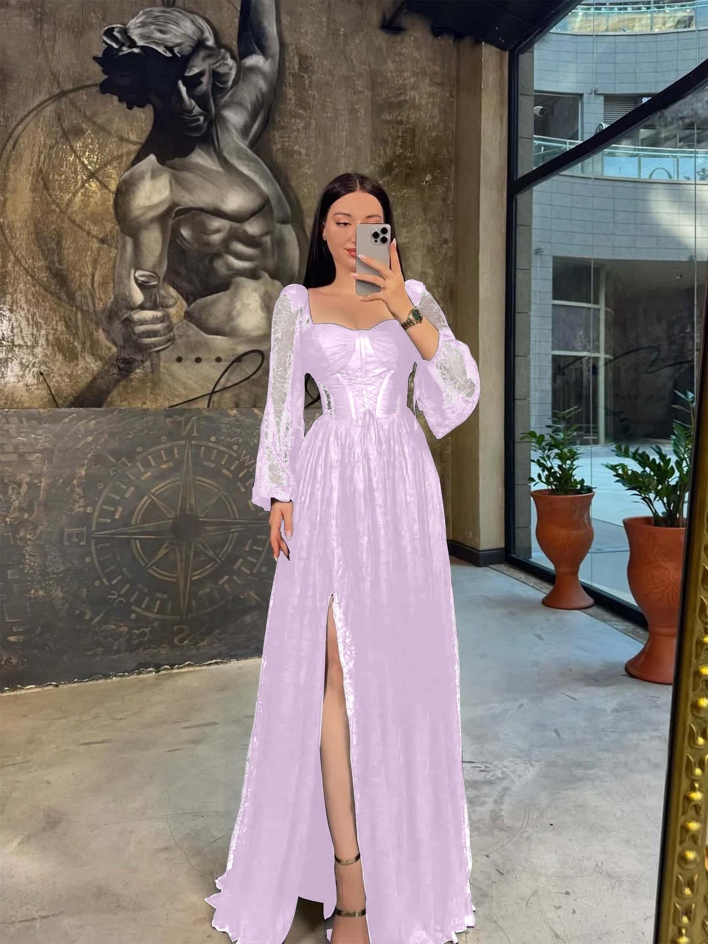 Lantern Long Sleeves Long A-Line Pleated Prom Dress With Split And Corset