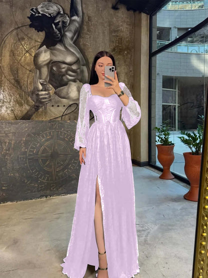 Lantern Long Sleeves Long A-Line Pleated Prom Dress With Split And Corset