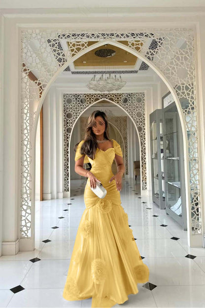 Sweetheart Short Sleeves Long Mermaid Prom Dress With Pleated