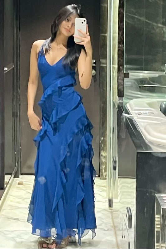 Modest A Line Spaghetti Straps Blue Ruffled Prom Dress