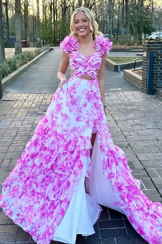 V-Neck Ruffled-Straps Sleeveless Print-Chiffon Pleated Long Tiered A-Line Prom Dress with High Slit