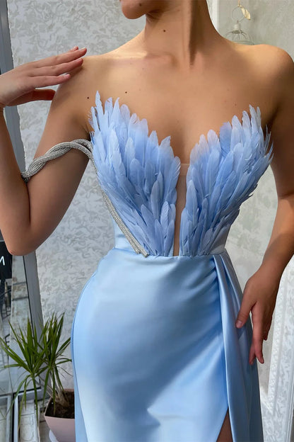 Baby Blue Off-the-Shoulder V-Neck Mermaid Slit Prom Dress