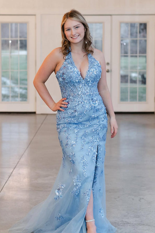 Mermaid Halter Blue Sequin Lace Long Prom Dresses with Slit