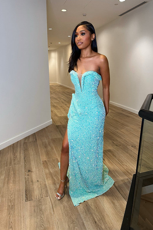 Exquisited Blue Sequins Sweetheart Sleeveless Mermaid Prom Dress with Split