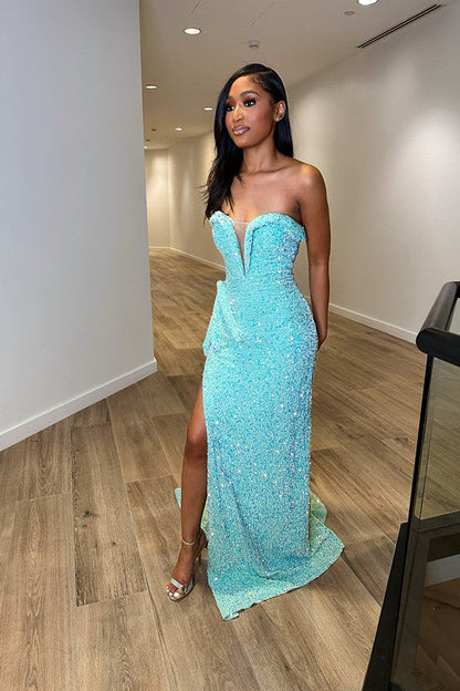 Exquisited Blue Sequins Sweetheart Sleeveless Mermaid Prom Dress with Split