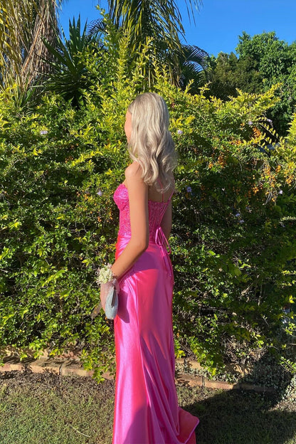 Charming Mermaid Sweetheart Pink Satin Prom Dress with Slit