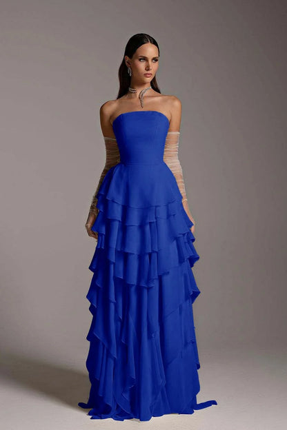 Chiffon Strapless Ruffles Elegant Prom Dress With Tulle Gloves