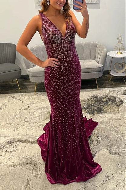 Mermaid Deep V Neck Backless Burgundy Satin Long Prom Dress