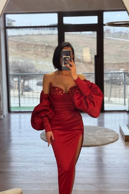 Red Split Sequins Strapless Prom Dress With Puff Sleeves