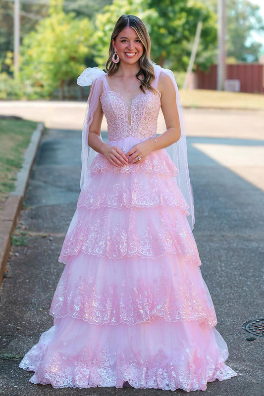 V-Neck Bows-Straps Sleeveless Sequined Applique Tulle Pleated Tiered A-Line Prom Dress