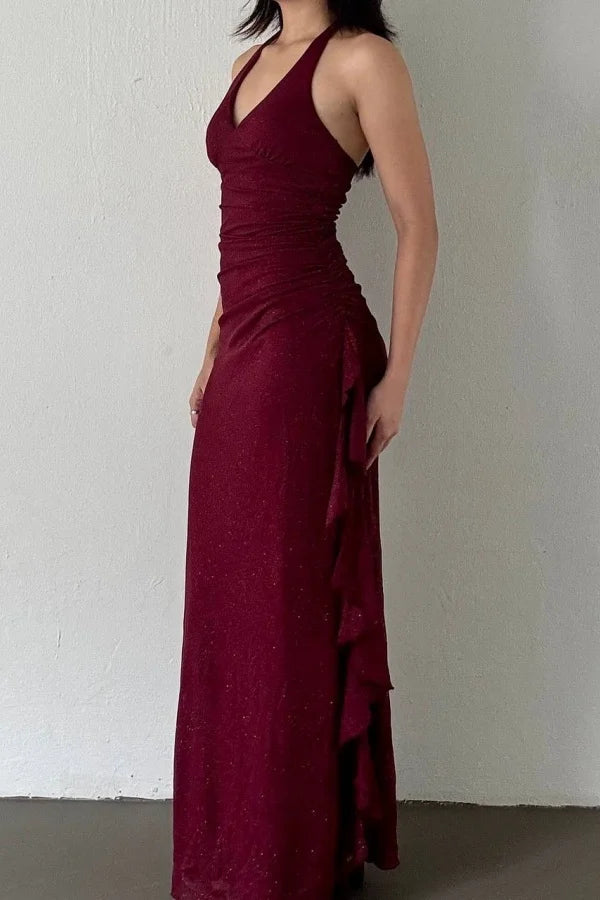 Charming V-Neck Halter Burgundy Ruffles Prom Dress ZT0740