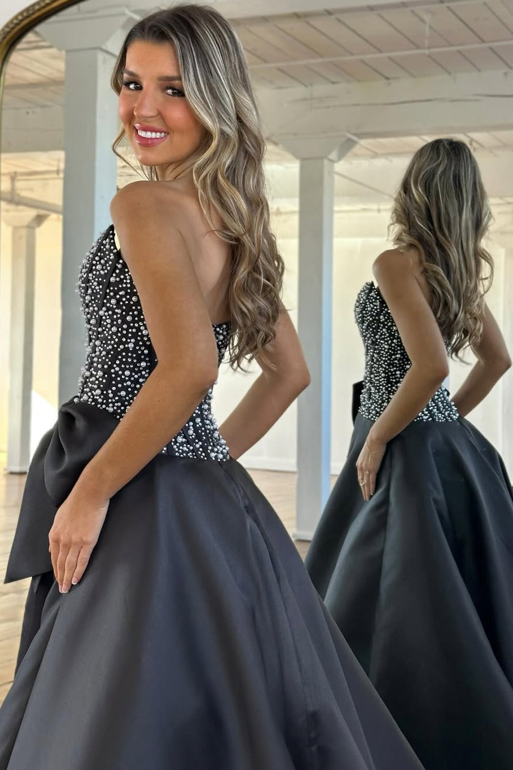 Gorgeous A Line Strapless Black Satin Prom Dress
