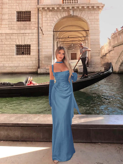 Spaghetti Strap Sleeveless Long Mermaid Prom Dress With Gloves