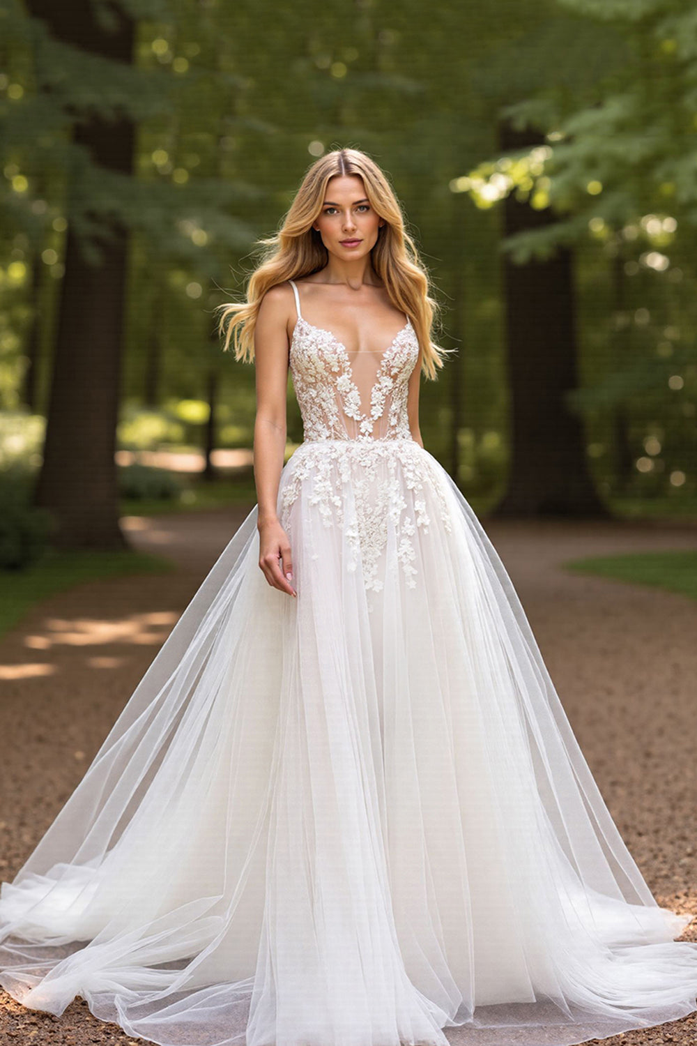 V-Neck Spaghetti-Straps Sleeveless Tulle Wedding Gowns